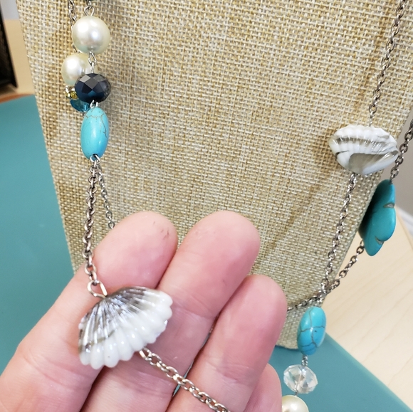 St Emerald, NWT, 2 turquoise, pearl beaded jeweled long silver fashion necklaces - Picture 11 of 16